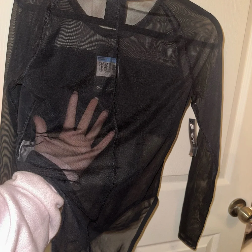 NWT Nike Women's Black Logo front Mesh long sleeve bodysuit streetwear M sporty - Picture 9 of 11